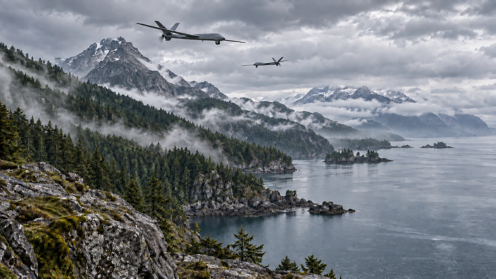 A large reconnaissance drone flying right and a smaller Reaper flying left above a mountain coastline; an AI-generated illustration.